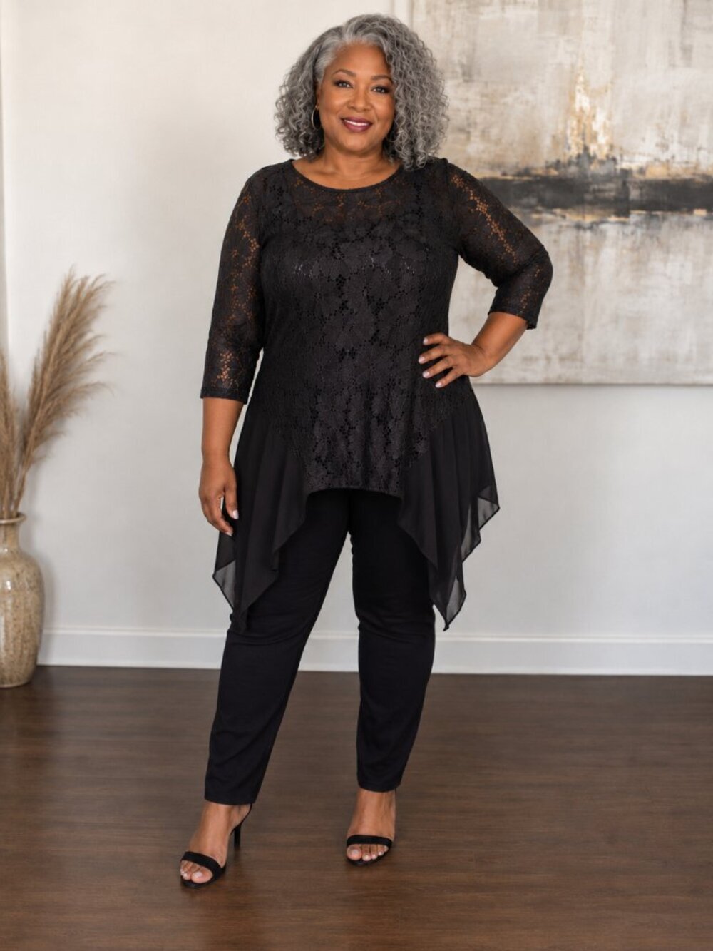 Xinyi Tao Black Lace 3/4 Sleeve Asymmetrical Top – Size XXL / Fits Better XL